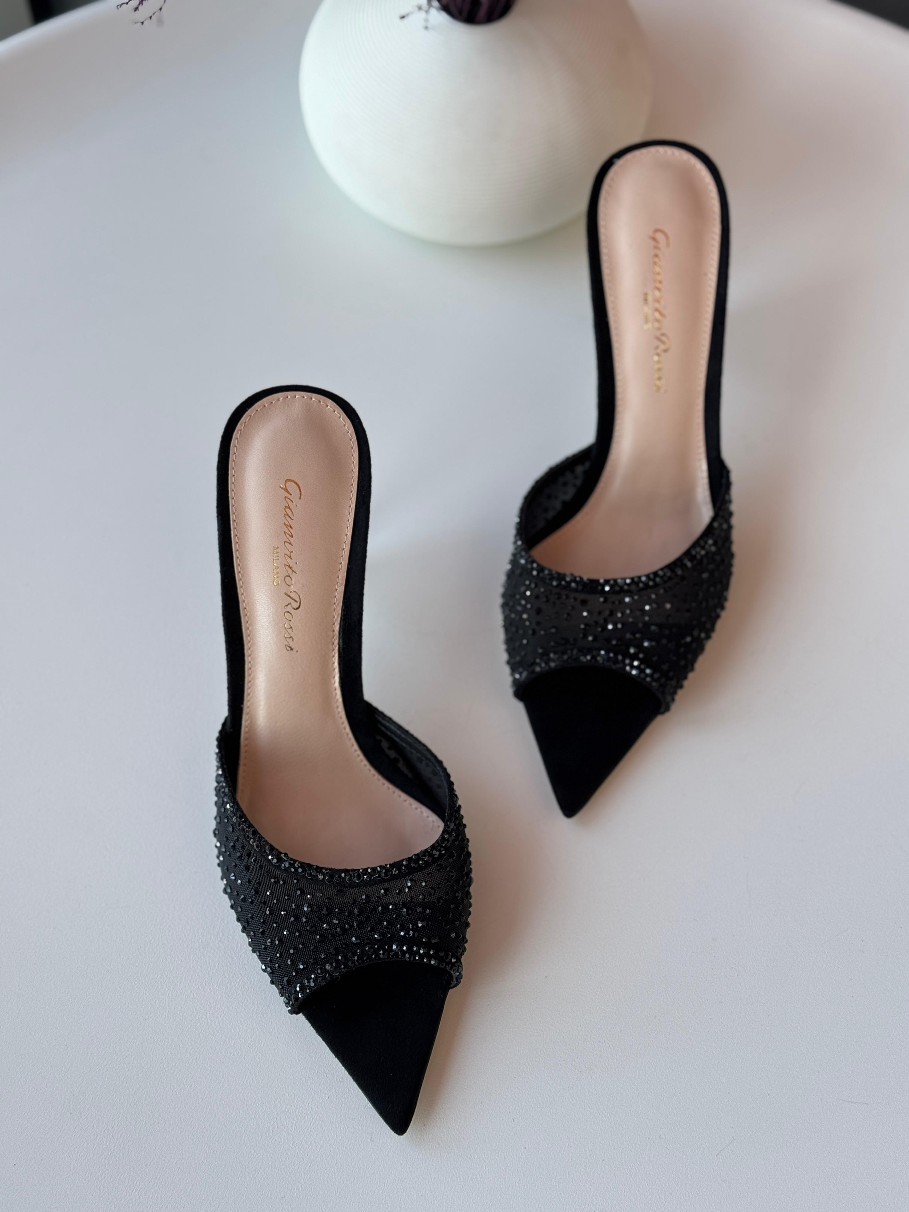 GIANVITO ROSSI Rania 85 Suede Organza Embellished Mules