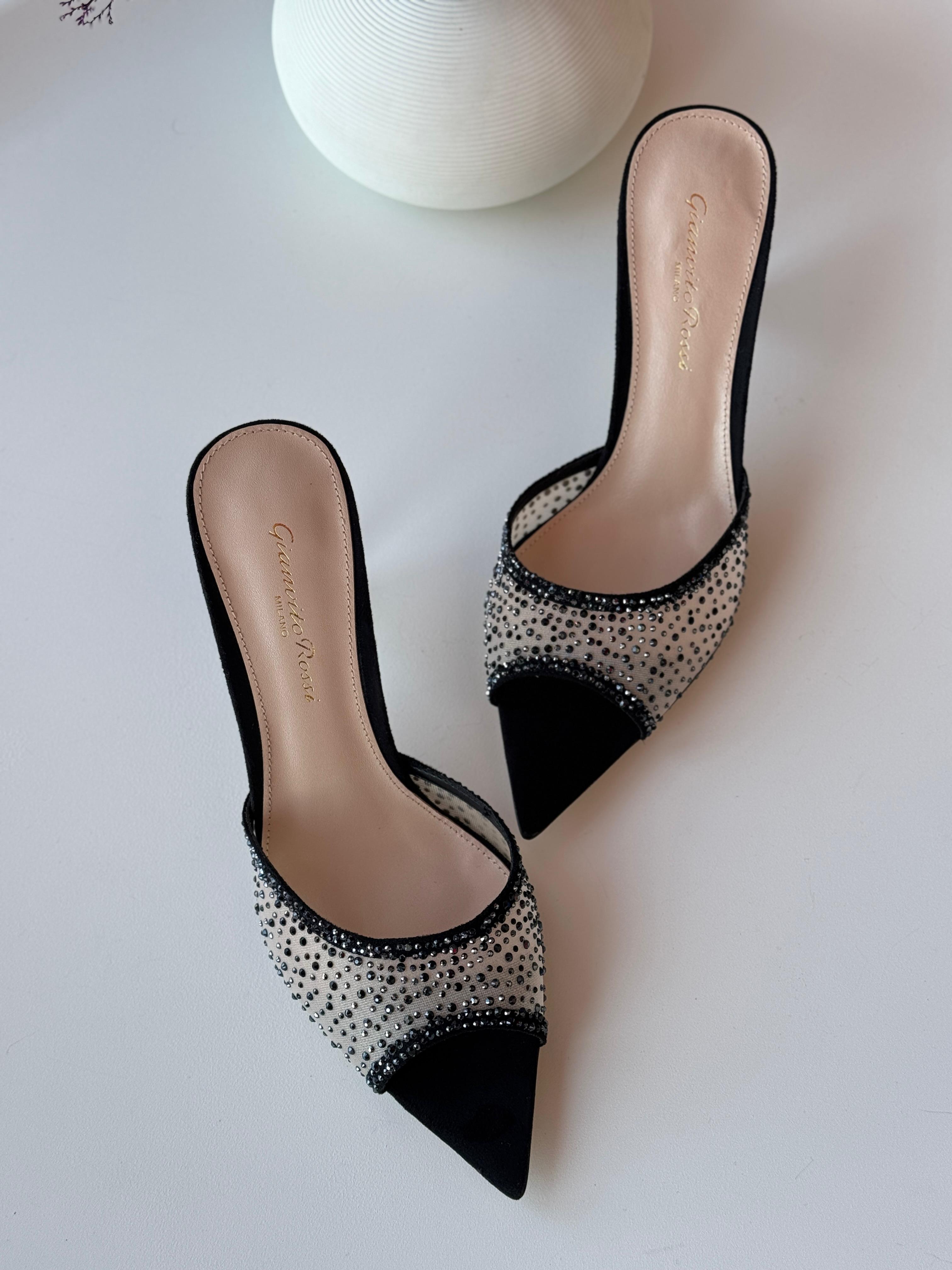 GIANVITO ROSSI Rania 85 Suede Organza Embellished Mules